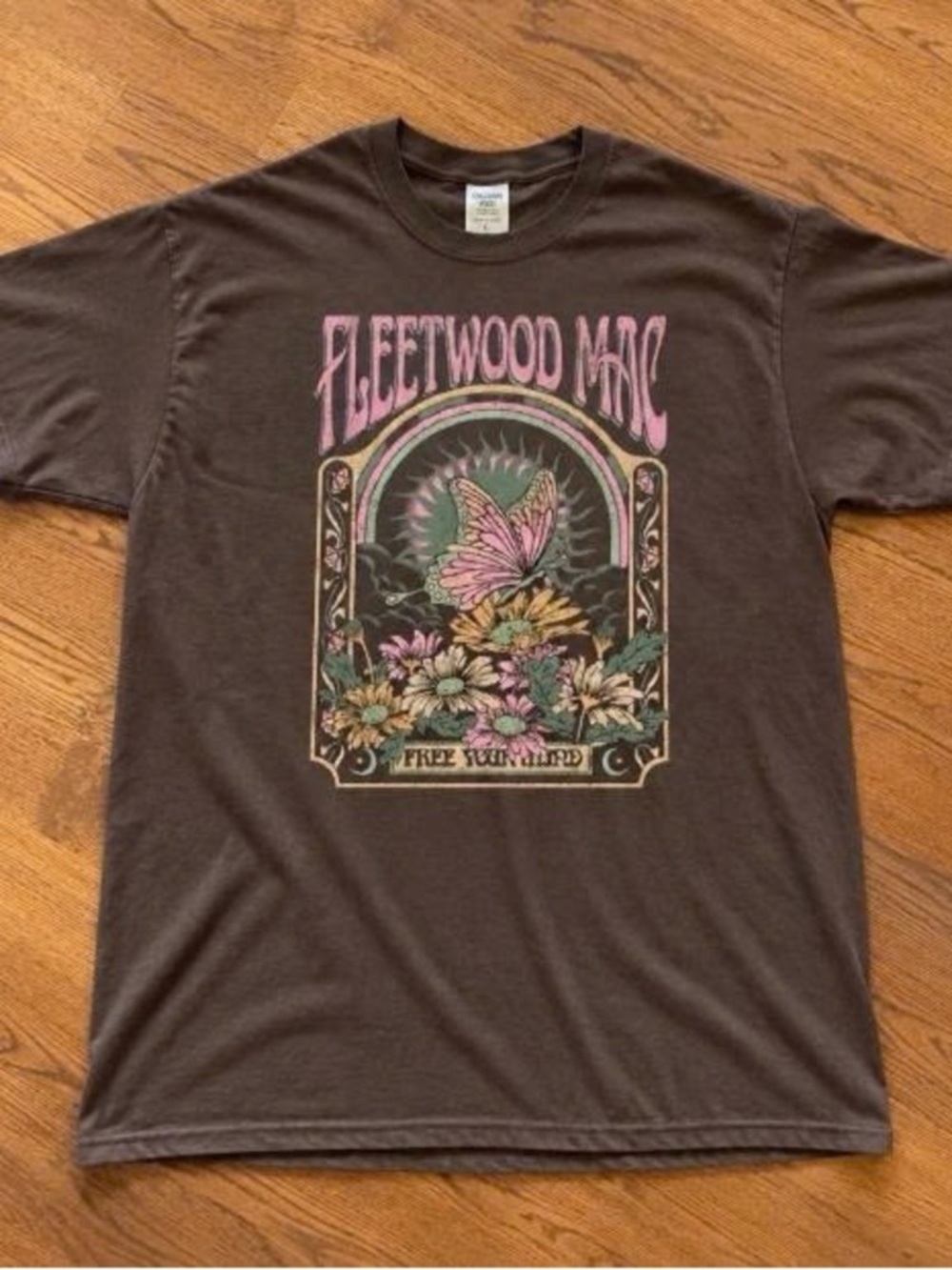 Brown Graphic Tee with Floral & Butterfly Print Fleetwood Mac